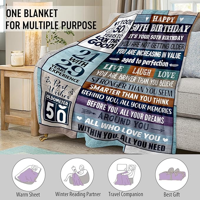 50th Birthday Gifts for Men Women, 50th Birthday Gift Ideas, Milestone 50th Birthday Decorations, Funny 50 Years Old Gift for Husband Wife Him Her Dad Mom, 50th Birthday Gifts Throw Blanket 50" x 60"