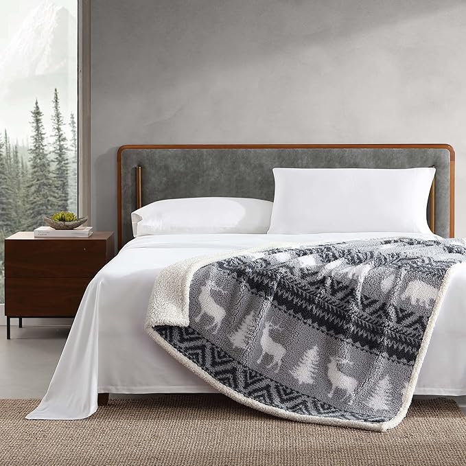 Eddie Bauer - Blanket, Super Soft Reversible Sherpa & Brushed Fleece Bedding, Throw Blankets for Couch, Ideal for Lounging (Woodland Fair Isle Grey)