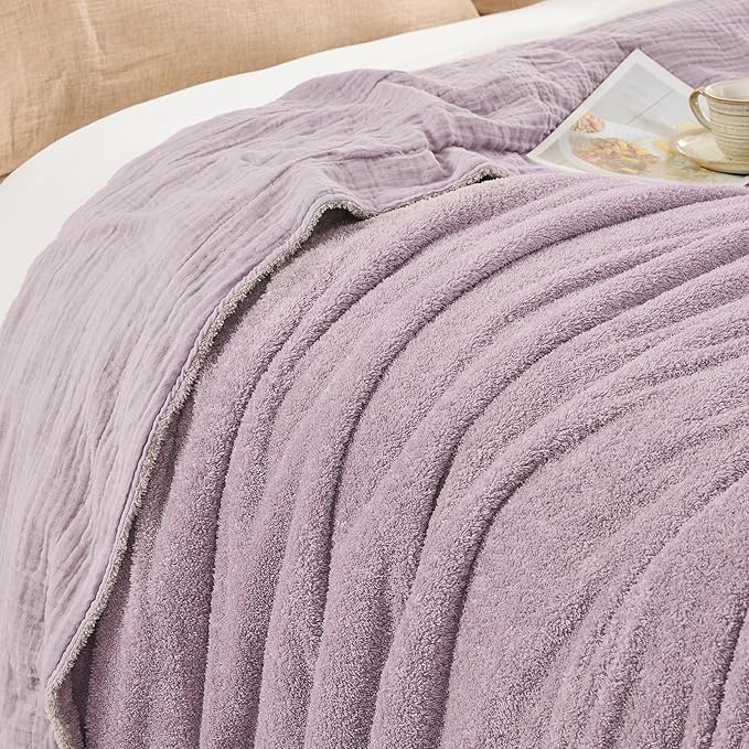 EMME Muslin Cotton Fleece Queen Blanket Reversible - 80"*90" Lavender Soft Warm Throw Blankets for Couch Bed Picnic Travel Bed