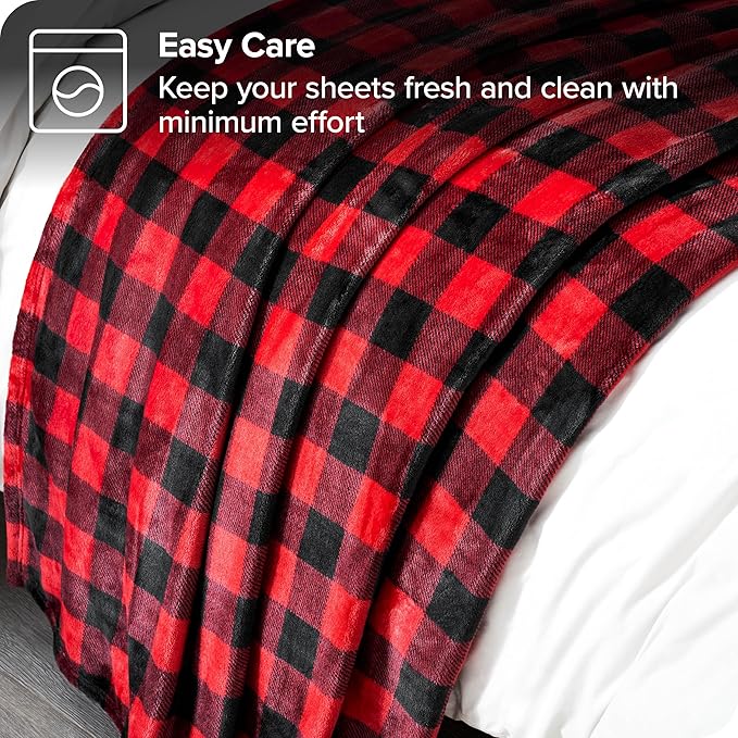 Bare Home Fleece Microplush Blanket - Extra Long - Lightweight Throw for Bed, Sofa, Couch, Movie Night, Camping, and Travel - Ultra Soft Warm Blanket (Twin/Twin XL, Chester Buffalo Plaid - Red/Black)
