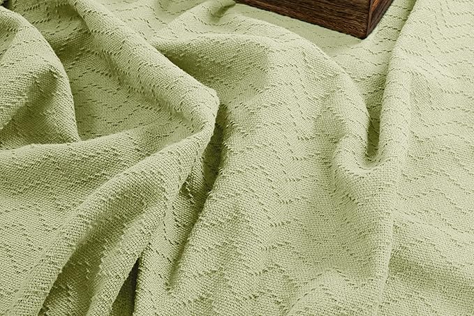 BELIZZI HOME 100% Cotton Bed Blanket, Breathable Thermal Blanket Full - Queen Size, Soft Chevron 90''x90'', Perfect for Layering Any All Season, Sage Green