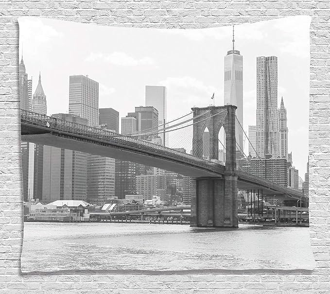 Ambesonne Landscape Tapestry, Photo of Brooklyn Bridge over East River and Tall Buildings Skylines at the Back, Wide Wall Hanging for Bedroom Living Room Dorm, 60" X 40", Purple Green