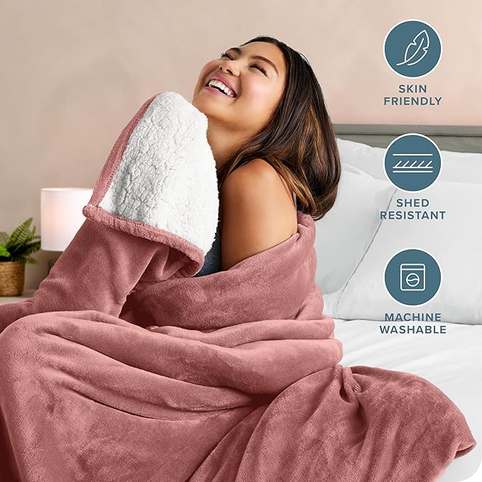 Bare Home Sherpa Fleece Blanket - Full/Queen Size - Blanket for Bed, Sofa, and Couch - Warm & Lightweight - Fluffy & Soft - Reversible (Full/Queen, Old Rose)
