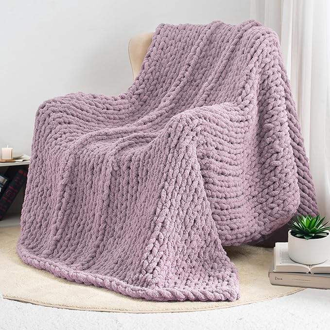 Chunky Knit Throw Blanket 50"X 60", 100% Handmade with Soft Chenille Yarn, 4.4lbs Thick Cable Knitted Blankets, Large Rope Knot Crochet Throws for Couch Sofa Bed Home Decor, Purple