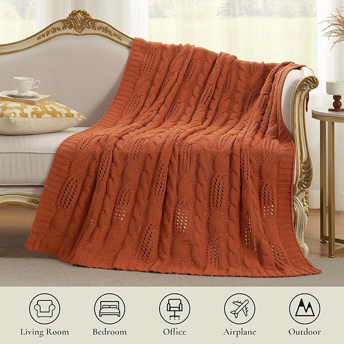 Amélie Home Chunky Knit Chenille Throw Blanket, Breathable Cable Knitted Blanket for Couch, Farmhouse Decorative Throw for Sofa Chair Bed, 60"x80", Burnt Orange