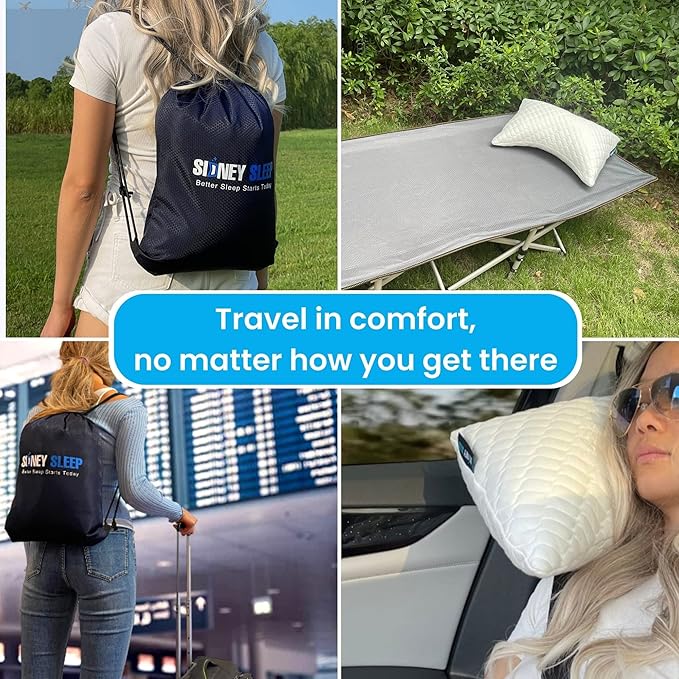 Sidney Sleep Mini Travel Size Neck Pillow - Knee, Back Lumbar and Support - Small Curved Pillow - 14 x 19 Inches - Adjustable Loft - Washable - Drawstring Backpack Included