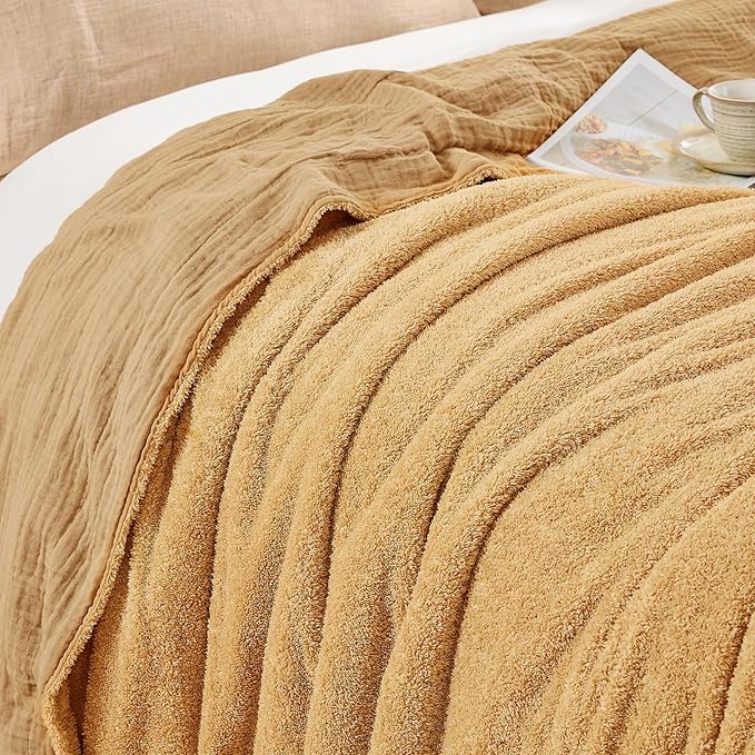 EMME Muslin Cotton Fleece Throw Blanket Reversible - 50"*60" Beige Soft Warm Throw Blankets for Couch Bed Picnic Travel Bed