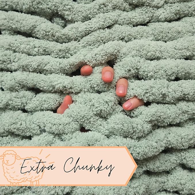 Adyrescia Chunky Knit Blanket Throw | 100% Hand Knit with Jumbo Chenille Yarn (50"x60", Sage Green)