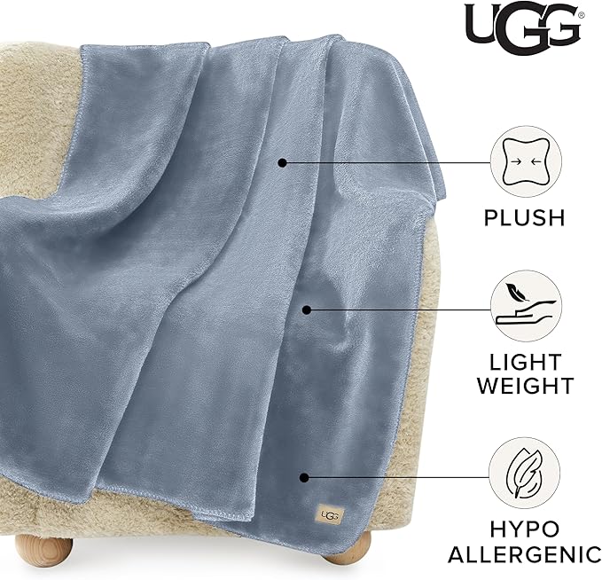 UGG Whitecap Plush Throw Blanket Fleece Lightweight Soft Cozy Throw for Couch or Bed Luxury Home Decor for Living Room Machine Washable Hypoallergenic Flannel Blankets, 50-inch x 70-inch, Denim Blue