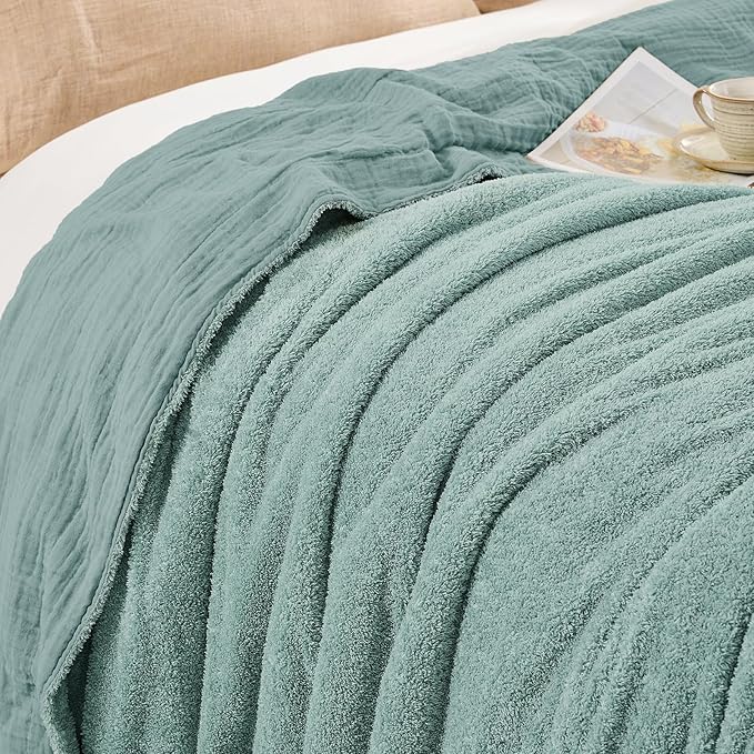 EMME Muslin Cotton Fleece Twin Blanket Reversible - 60"*80" Teal Soft Warm Throw Blankets for Couch Bed Picnic Travel Bed