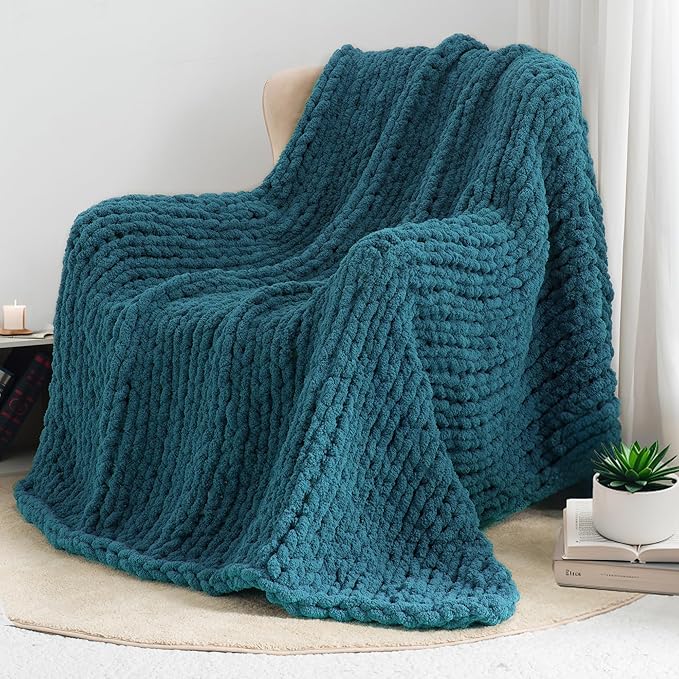 Chunky Knit Throw Blanket 50"X 60", 100% Handmade with Soft Chenille Yarn, 4.4lbs Thick Cable Knitted Blankets, Large Rope Knot Crochet Throws for Couch Sofa Bed Home Decor, Teal