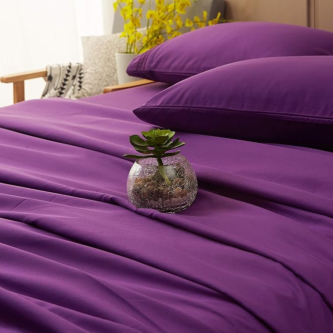 SONORO KATE Bed Sheet Set Super Soft Microfiber 1800 Thread Count Luxury Egyptian Sheets 18-Inch Deep Pocket Wrinkle and Hypoallergenic-4 Piece(California King Purple)