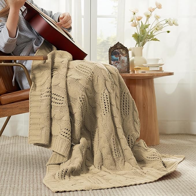 Amélie Home Chunky Knit Chenille Throw Blanket, Breathable Cable Knitted Blanket for Couch, Farmhouse Decorative Throw for Sofa Chair Bed, 60"x80", Beige
