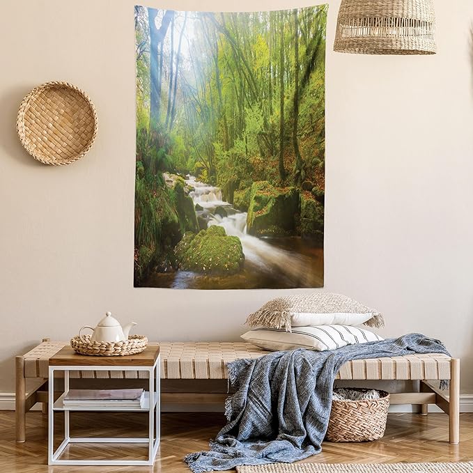 Ambesonne Woodland Tapestry Queen Size, Forest Scene at Golitha Falls Nature Reserve on the River Fowey Cornwall England, Wall Hanging Bedspread Bed Cover Wall Decor, 88" X 88", Green Brown