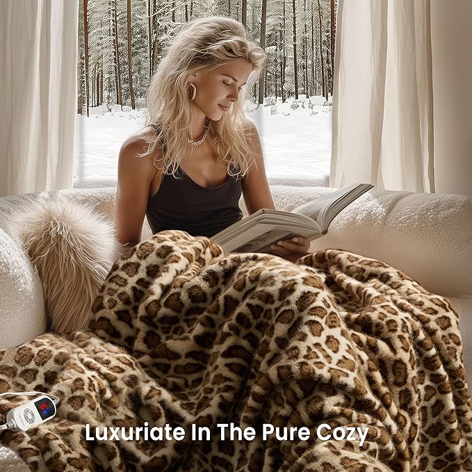 Luxury Faux Fur Heated Blanket Electric Throw - Leopard Print Ultra Soft Thick Warm Heated Blanket, 6 Heating Levels & 12 Hours Auto-Off, ETL Certified, Washable, Luxurious Gifts, 50''x60''