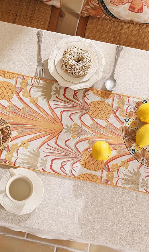 patdrea Designer Tropical Linen Table Runner 87 Inch Long, Yellow Vintage Elegant with Pineapple Pattern Table Mat,Decoration for Kitchen Dining Coffee Table Cover Banquet Christmas , 12"*87"