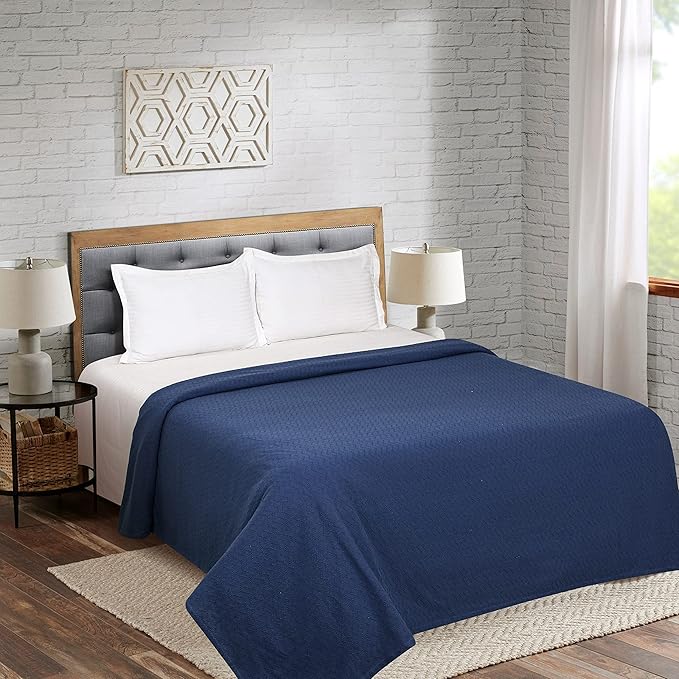 BELIZZI HOME 100% Cotton Bed Blanket, Breathable Thermal Blanket Twin Size, Soft Chevron 60''x90'', Perfect for Layering Any All Season, Navy Blue