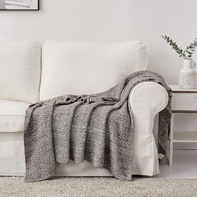 Longhui bedding Coffee Knitted Throw Blanket for Couch, Soft, Cozy Machine Washable 100% Cotton Sofa Knit Blankets, Heavy 4.0lb Weight, 60 x 80 Inches, Coffee and White Color.