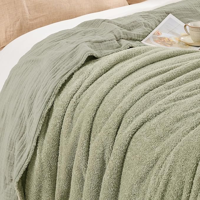 EMME Muslin Cotton Fleece Throw Blanket Reversible - 50"*60" Sage Green Soft Warm Throw Blankets for Couch Bed Picnic Travel Bed