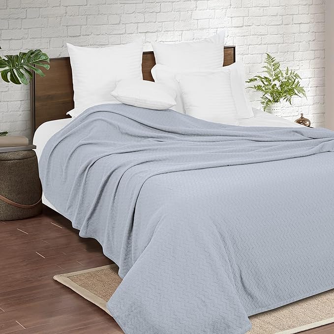 BELIZZI HOME 100% Cotton Bed Blanket, Breathable Thermal Blanket Full - Queen Size, Soft Chevron 90''x90'', Perfect for Layering Any All Season, Light Grey