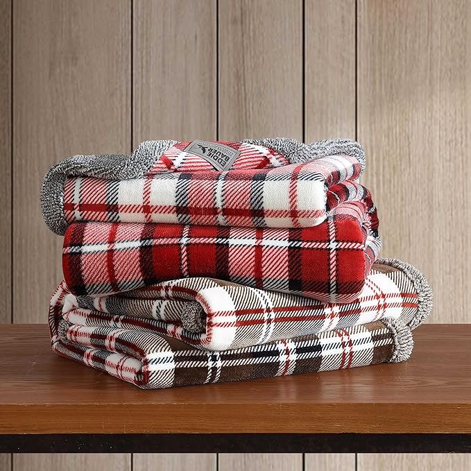 Eddie Bauer - Throw Blanket, Reversible Sherpa Plush Bedding, Plaid Home Decor, Oeko-Tex Certified (Parkwood Plaid Red, Throw)