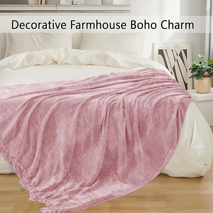 Chenille Throw Blanket for Couch 50"X 60", Soft Cozy Throws with Fringe Tassel for Bed Sofa Chair, Lightweight Knitted Decorative Farmhouse Boho Blankets for Gift, Dusty Pink