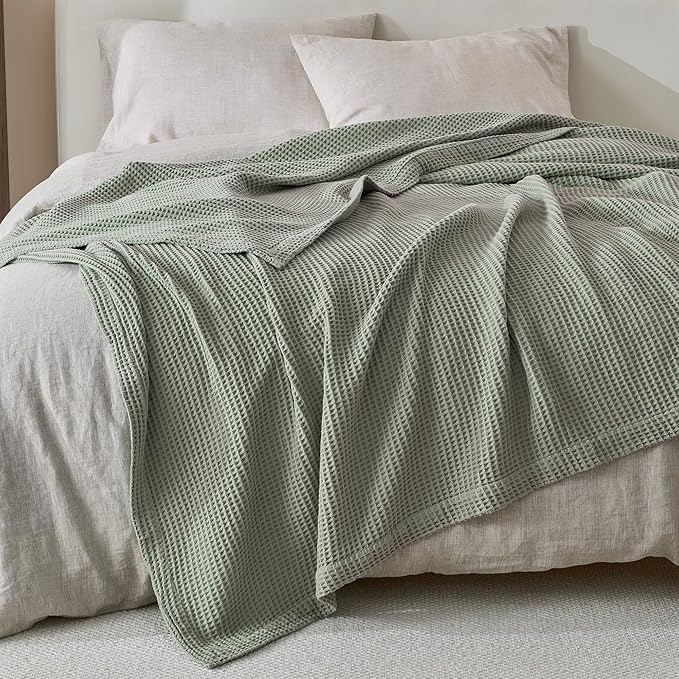 100% Cotton Blanket for Full Queen Size Bed - Green Waffle Weave Lightweight Summer Bed Blanket - 90x90in Prewashed Breathable, Woven, Layering Blanket (Full/Queen, Eucalyptus)