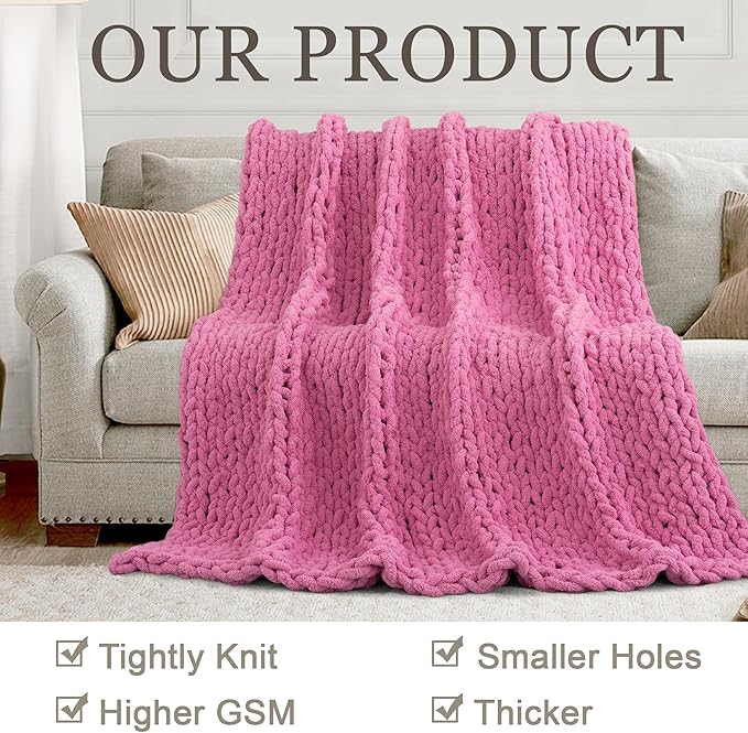Chunky Knit Throw Blanket 60"X 80", 100% Handmade with Soft Chenille Yarn, 4.4lbs Thick Cable Knitted Blankets, Large Rope Knot Crochet Throws for Couch Sofa Bed Home Decor, Hot Pink