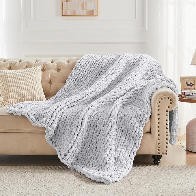 Carriediosa Chunky Knit Throw Blanket 60" X 80" Twin, 100% Hand Made Large Chenille Loop Yarn Soft Fluffy Throws for Couch Sofa Bed, Big Crochet Cozy Heavy Thick Cable Woven Blankets, Light Grey