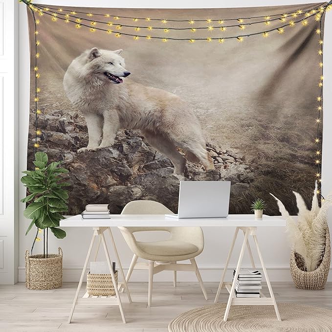 Ambesonne Animal Tapestry Queen Size, White Wolf on Rocks at The Night Misty Weather Wildlife Nature Scenery Print, Wall Hanging Bedspread Bed Cover Wall Decor, Queen Size, Warm Taupe