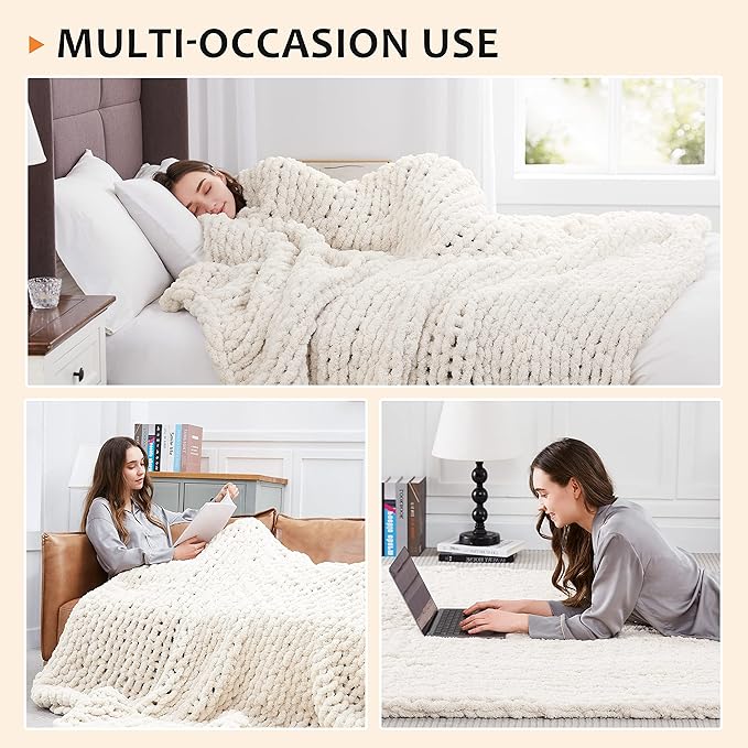 L'AGRATY Chunky Knit Blanket - Soft Chunky Throw 60x80 inches: 100% Hand Kintted Chenile Crochet Throw for Couch - Large Cable Knit Blanket for Home Decor (Ivory)