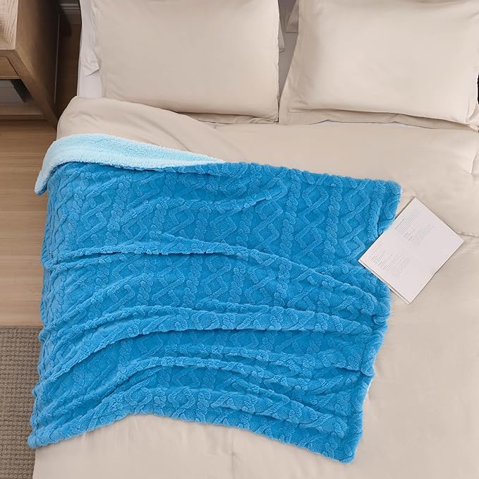 Bedsure Sherpa Fleece Blanket Twin Size for Bed - Fuzzy Soft Cozy Cable Throw for Couch, Thick Warm Blankets for Winter, Horizon Blue, 60x80 Inches