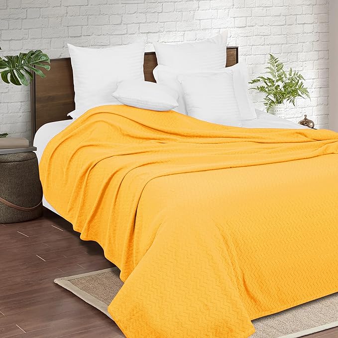 BELIZZI Home 100% Cotton Bed Blanket, Breathable Thermal Blanket King Size, Soft Chevron Thermal Blanket 90"x102", Cotton Bed Blanket, Perfect for Layering Any Bed for All Season, Mustard Yellow