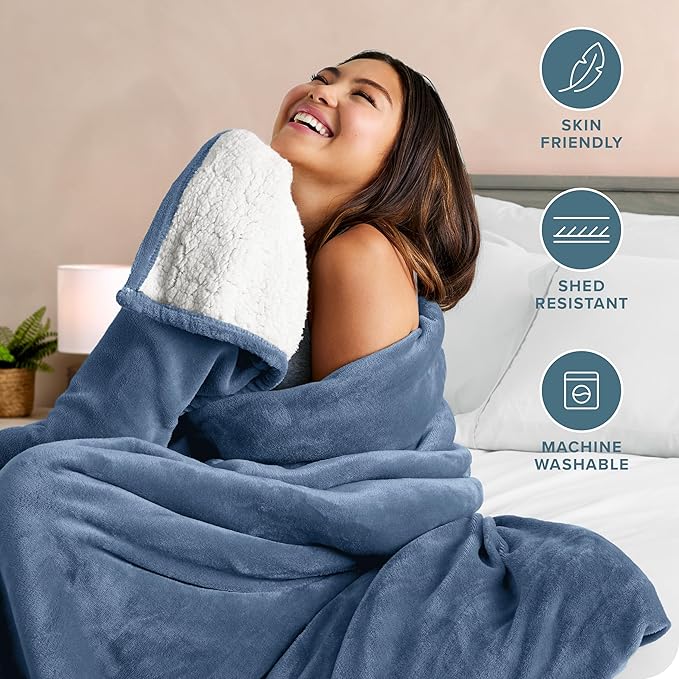 Bare Home Sherpa Fleece Blanket - King Size - Blanket for Bed, Sofa, and Couch - Warm & Lightweight - Fluffy & Soft - Reversible (King, Coronet Blue)