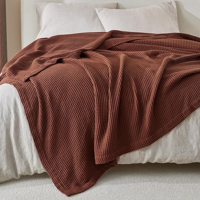 100% Cotton Blanket for Full Queen Size Bed - Brown Waffle Weave Lightweight Summer Bed Blanket - 90x90in Prewashed Breathable, Woven, Layering Blanket (Full/Queen, Cacao Brown)