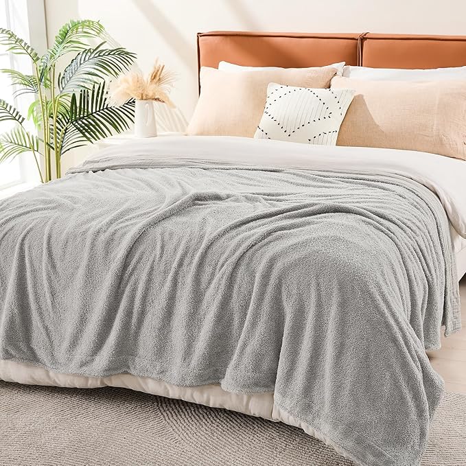EMME Muslin Cotton Fleece Queen Blanket Reversible - 80"*90" Grey Soft Warm Throw Blankets for Couch Bed Picnic Travel Bed