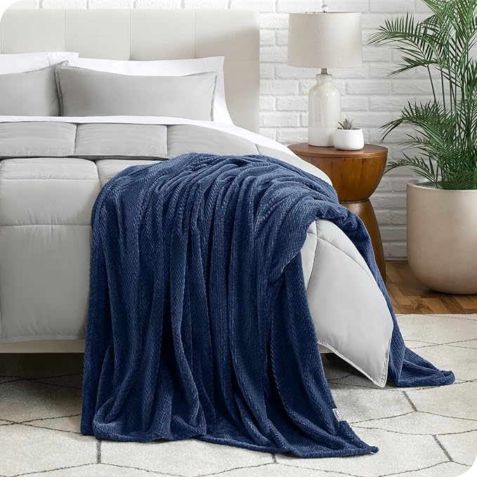 Bare Home Textured Fleece Microplush Blanket - Full/Queen - Lightweight Throw for Bed, Sofa, Couch, Movie Night, Camping, and Travel - Ultra Soft Warm Blanket (Full/Queen, Chevron Dark Blue)