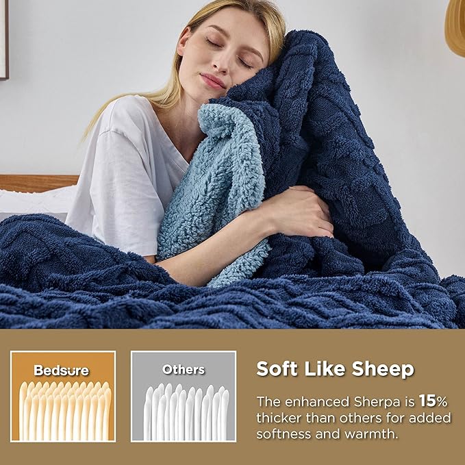 Bedsure Sherpa Fleece Blanket Twin Size for Bed - Fuzzy Soft Cozy Cable Throw for Couch, Thick Warm Blankets for Winter, Navy, 60x80 Inches