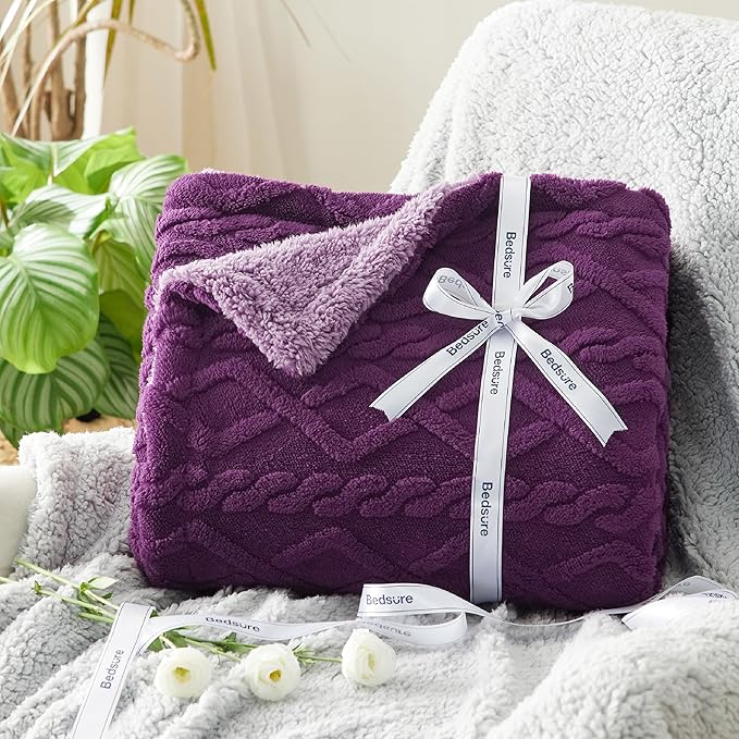Bedsure Sherpa Queen Size Blanket for Bed - Fleece Soft Cozy Fuzzy Cable Blankets for Women, Thick Warm for Winter and All Seasons, Purple, 90x90 Inches