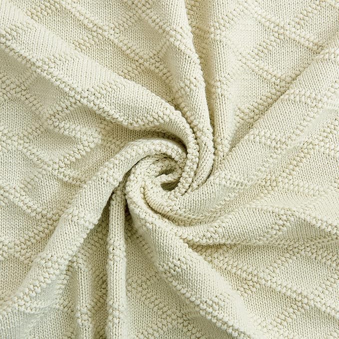Longhui bedding Cotton Cable Knit Throw Blanket for Couch Chairs Beach Sofa, Home Beige Decorative Blanket, Cream 50 x 60 inches