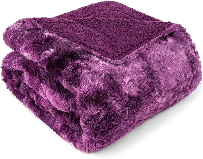 PAVILIA Faux Fur Throw Blanket Tie-Dye Purple, Soft Fuzzy Warm Sherpa Blankets & Throws for Bed, Fluffy Plush Thick Fleece Throw Blanket for Couch Sofa, Reversible Furry Shaggy Blanket, Purple 50x60