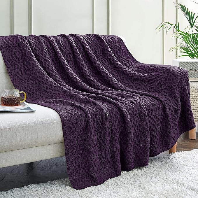 Aormenzy Purple Cable Knit Throw Blanket, Soft & Warm Knitted Blanket Throw for Couch Bed Sofa Living Room, 50 x 60 Inch