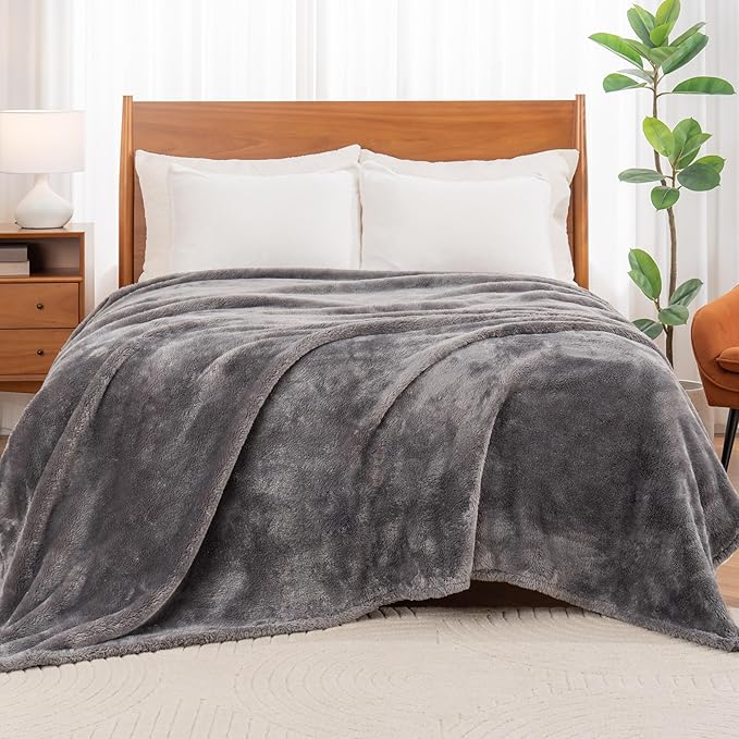 Berkshire Blanket Classic Extra-Fluffy™ Plush Blanket, Queen Size Bed Blanket, Soft Fuzzy Fluffy Long Hair Blanket for Couch Sofa Bed, Shadow Grey, 90x90 Inches