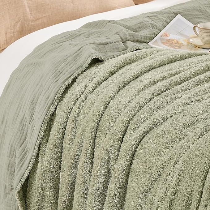 EMME Muslin Cotton Fleece Twin Blanket Reversible - 60"*80" Sage Green Soft Warm Throw Blankets for Couch Bed Picnic Travel Bed