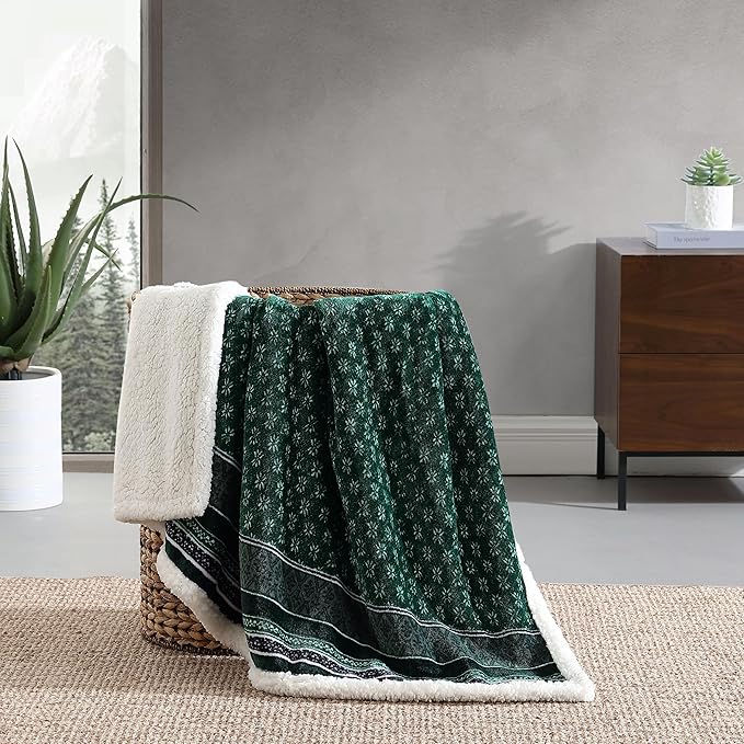 Eddie Bauer- Throw Blanket, Reversible Sherpa Fleece Bedding, Home Decor for All Seasons (Fair Isle Green, Throw)