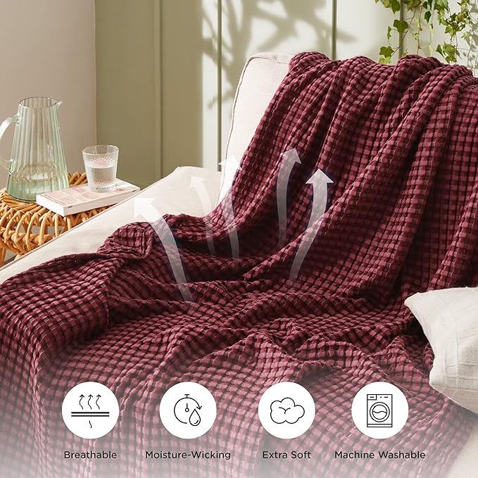Bedsure Cooling Cotton Waffle Weave Blanket - Lightweight Breathable Blanket of Rayon Derived from Bamboo for Hot Sleepers, Luxury Throws for Bed, Couch and Sofa, Burgundy, 50x70 Inches