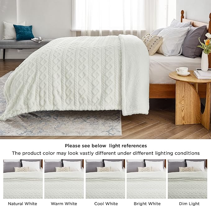 Bedsure Sherpa King Size Blanket for Bed- Fleece Soft Cozy Fuzzy Cable Blankets for Women, Thick Warm for Winter and All Seasons, Cream, 108x90 Inches