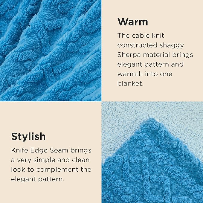 Bedsure Sherpa Fleece Blanket Twin Size for Bed - Fuzzy Soft Cozy Cable Throw for Couch, Thick Warm Blankets for Winter, Horizon Blue, 60x80 Inches