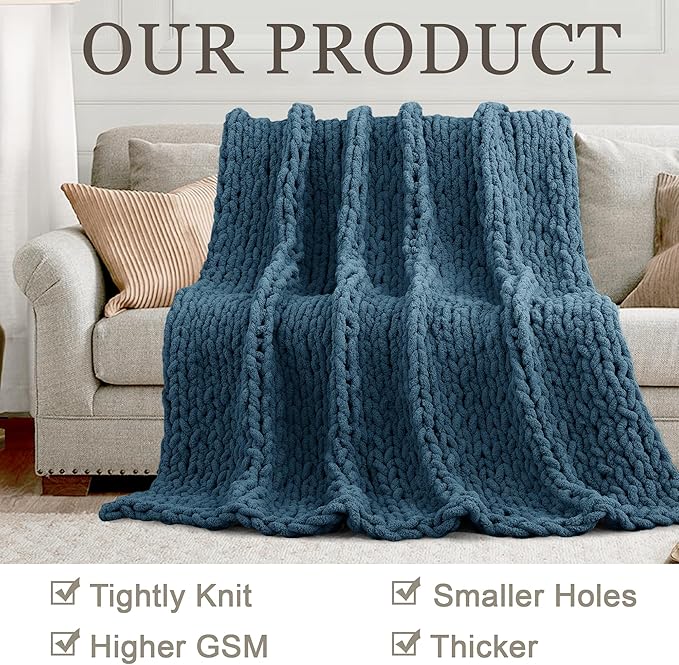 Chunky Knit Throw Blanket 50"X 60", 100% Handmade with Soft Chenille Yarn, 4.4lbs Thick Cable Knitted Blankets, Large Rope Knot Crochet Throws for Couch Sofa Bed Home Decor, Mineral Blue