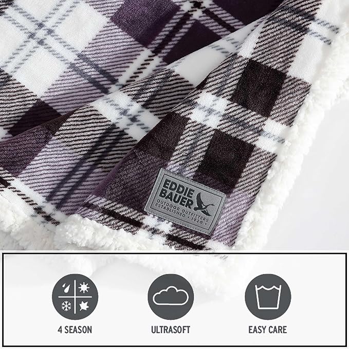 Eddie Bauer - Throw Blanket, Reversible Sherpa Fleece Bedding, Home Decor for All Seasons, Oeko-Tex Certified (Trailhead Plaid Purple, Throw)